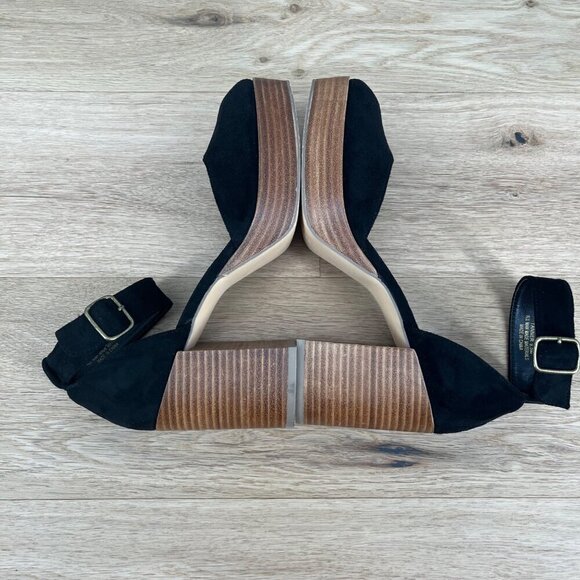 House of Harlow Tanner Platform Block Heels Size 9.5 Black Suede Wood Chunky EUC - Picture 3 of 14